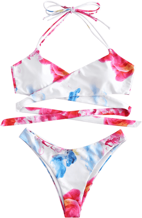 Watercolor Wrap High Leg Bikini Set - Bikini (558x744), Png Download
