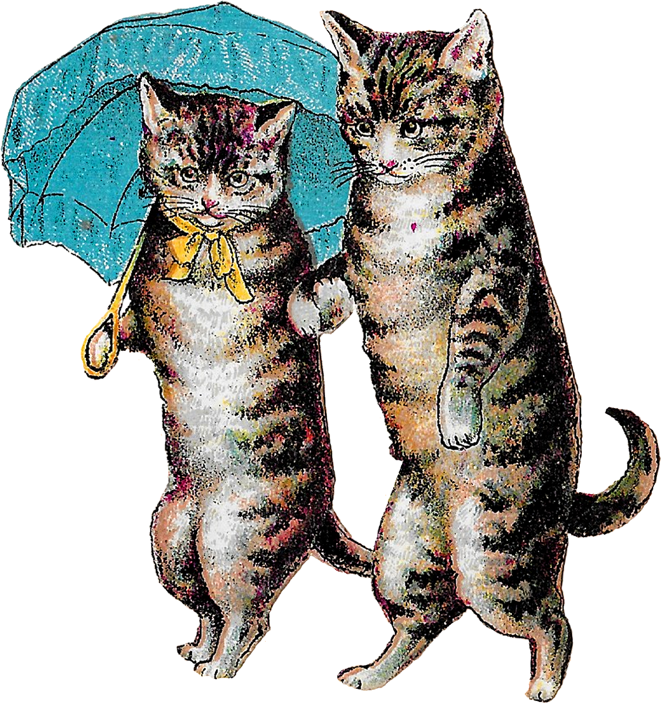 Antique Victorian Cats Clipart Download - Art Print: Cats With Umbrella, 24x18in. (1553x1600), Png Download