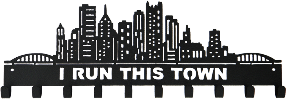 I Run This Town Skyline & Buildings Black 10 Hook Medal - Pittsburgh Skyline Silhouette Tattoo (1000x400), Png Download