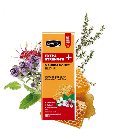 With Double Vit C & Zinc, Vit D & Herbs - Comvita Manuka Honey Elixir Extra Strength 100ml (100ml) (420x480), Png Download