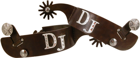 Bronc Spurs Brown With Initials/logo/brand - Tom Balding Spurs (650x488), Png Download