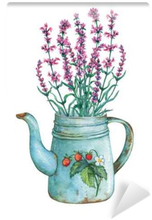 Vintage Blue Metal Teapot With Strawberries Pattern - Vintage Lavender Flowers (400x400), Png Download