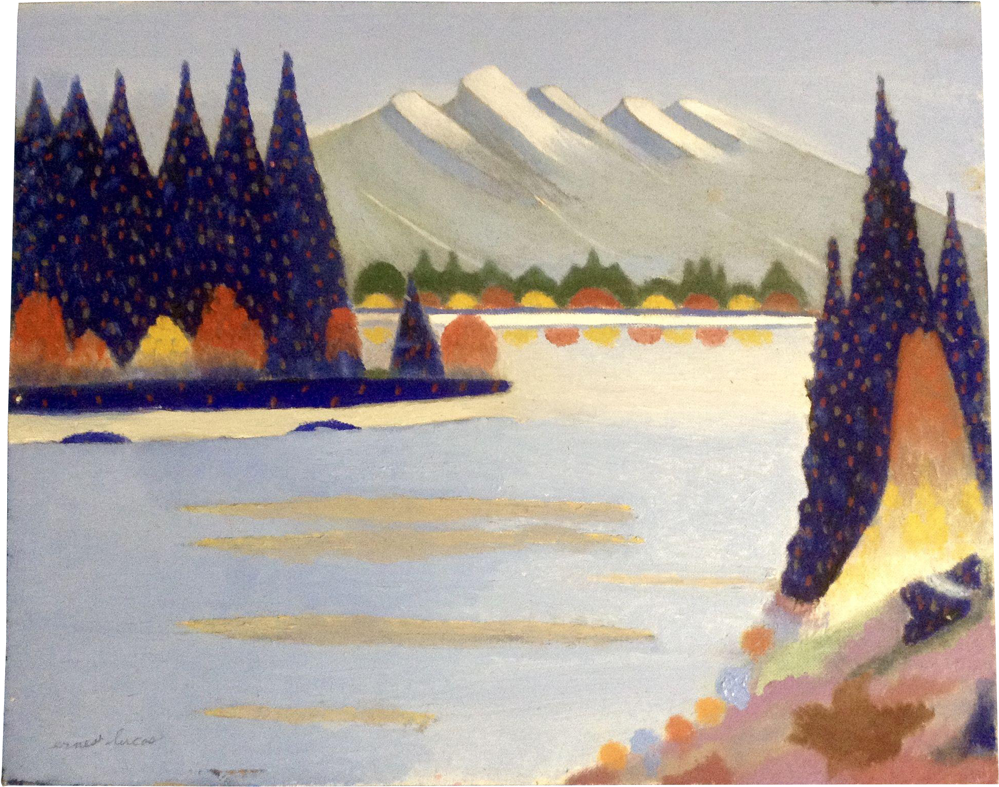 Ernest G Lucas Oil Painting On Board Of Trees On A - Painting (1958x1958), Png Download