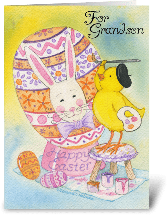 Happy Easter Grandson Greeting Card - Granddaughter Happy Easter Chick Painting Egg Card (700x792), Png Download