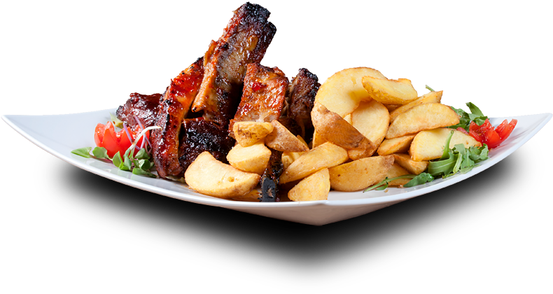 Bbq Ribs - French Fries And Meat Png (900x543), Png Download