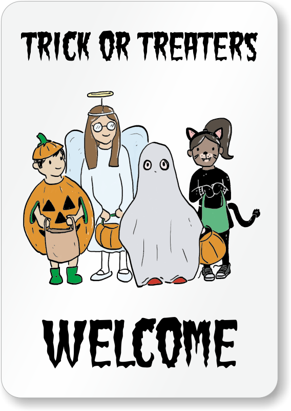 Halloween Trick Or Treaters Welcome Sign - Trick Or Treaters Welcome Door Sign (568x800), Png Download