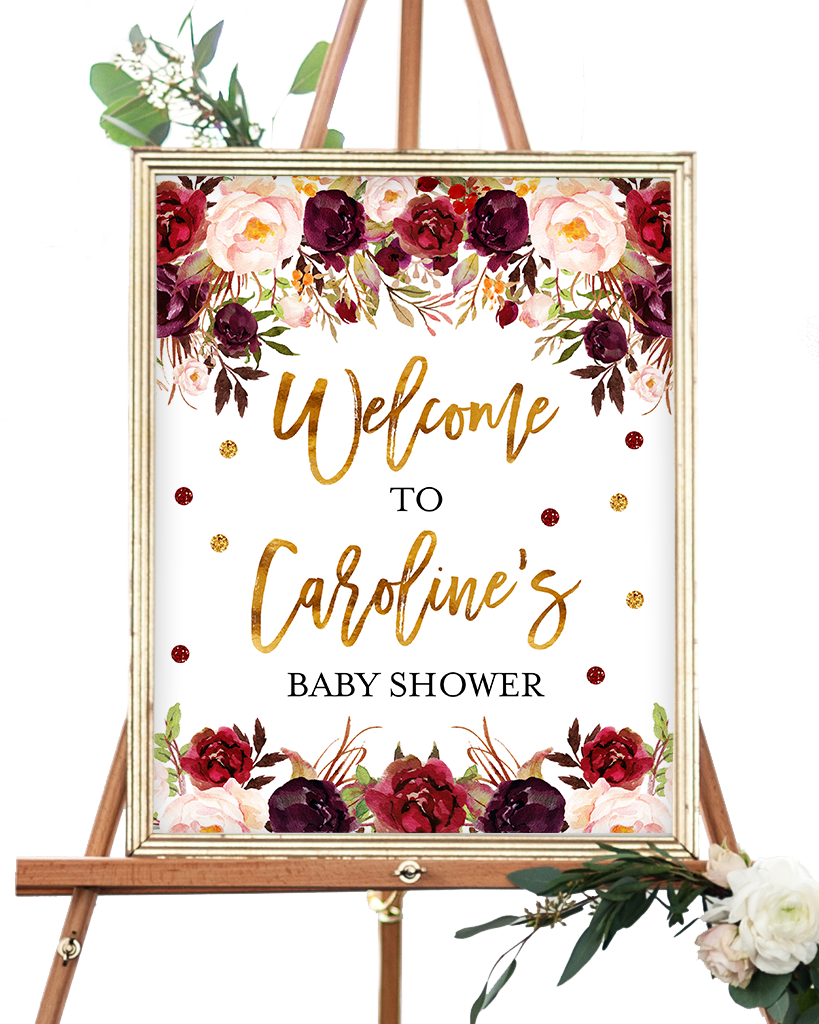 Marsala And Gold Floral Welcome Sign - Woodland Welcome Baby Shower Sign (819x1024), Png Download