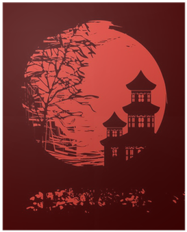 Autumn Tree And Two Pagodas On A Red Moon - Illustration (400x400), Png Download