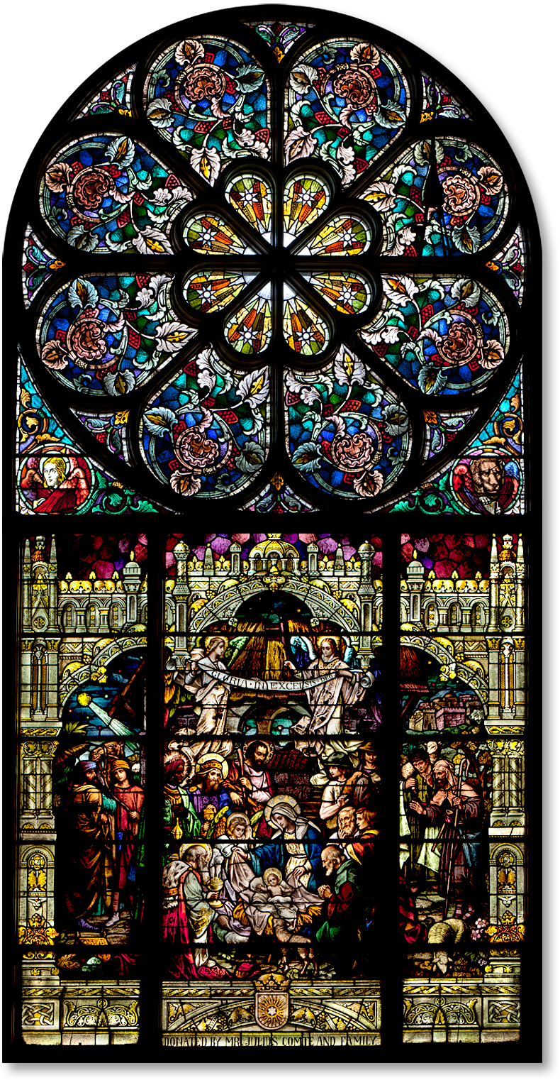 Rose And Transept Window Of The Nativity, Sacred Heart - Stained Glass Windows Png (790x1522), Png Download