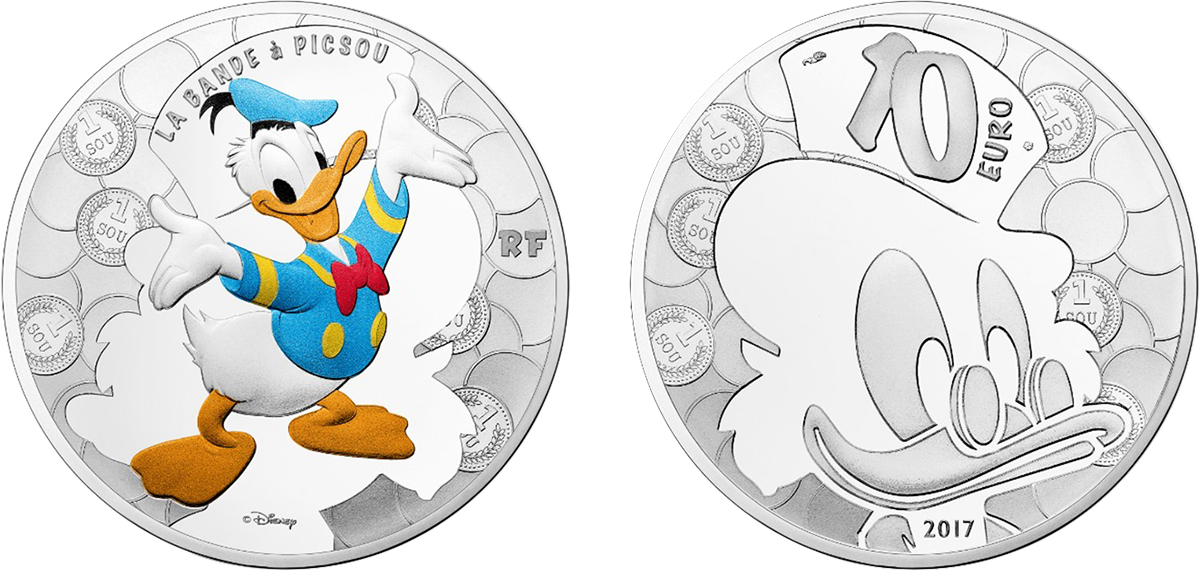 €10, Silver The Obverse Of This Colorised Silver Coin - Donald Duck Coin Monnaie (1200x570), Png Download