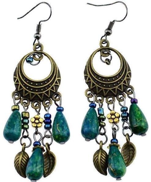 Bohemian Bronze Beaded Leaf Vintage Earrings - Boho Earrings Png Transparent (563x600), Png Download