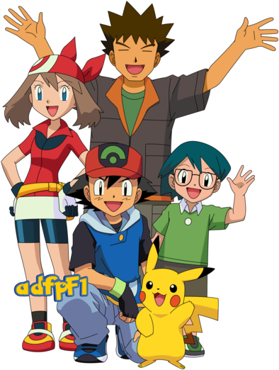 Ash , Aura, Brock, Max Y Pikachu (01) By Adfpf1 - Ash May And Brock (400x527), Png Download