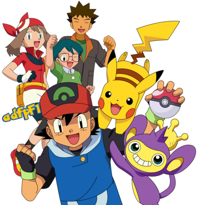 Ash , Aura, Brock, Max Y Pokemon (03) By Adfpf1 - Ash May Max Brock (400x416), Png Download