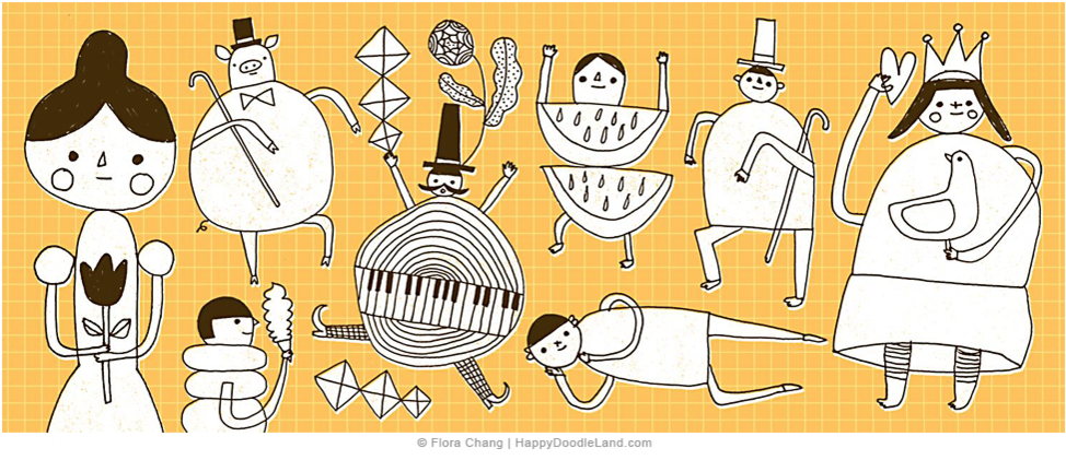 Doodle People On Yellow Grid © Flora Chang (1000x499), Png Download