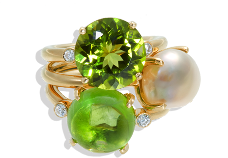 Jane Taylor R797 Peridot Diamond Pearl Yellow Gold (475x440), Png Download