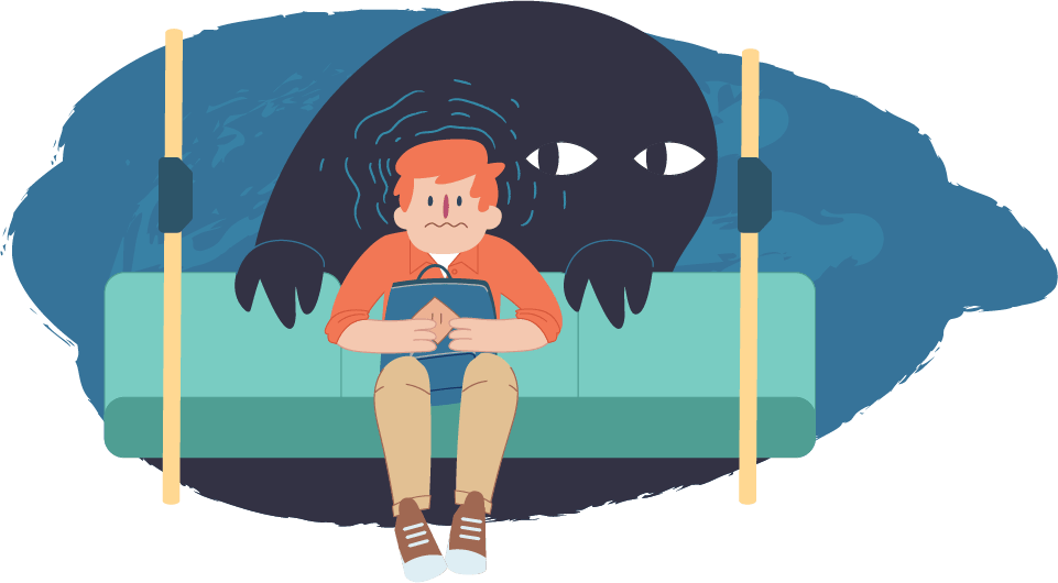 Boy Sitting On Bus Seat With Shadow Of A Big Scary - Anxiety (961x530), Png Download