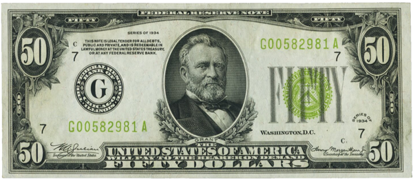 Download 50 1934 Light Green Seal Federal Reserve Note 1934 50 Dollar Bill Png Image With No Background Pngkey Com