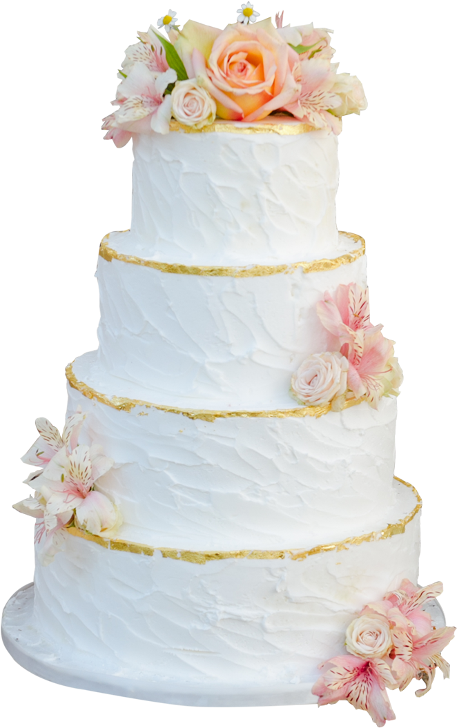 White Cake With Gold Trim And Fresh Flowers - Wedding Cakes White Gold Trim (700x1115), Png Download