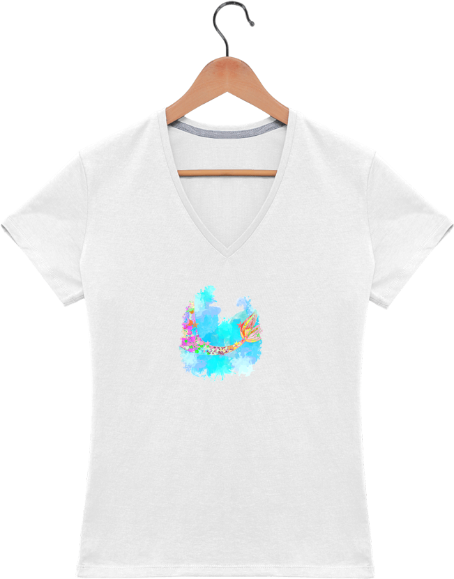 T-shirt Col V Femme Watercolor Mermaid Par Pinkglitter - T-shirt (690x850), Png Download