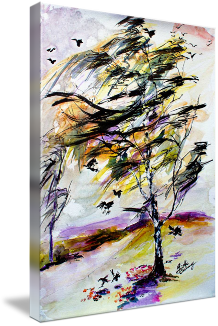 Autumn Wind And Birds Modern Watercolor And Ink By - Watercolor Painting (435x650), Png Download