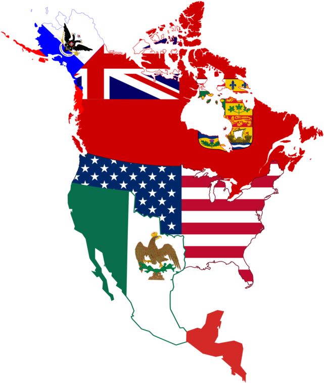 North American Historic Flag Map - Flag Map Of North America (670x768), Png Download