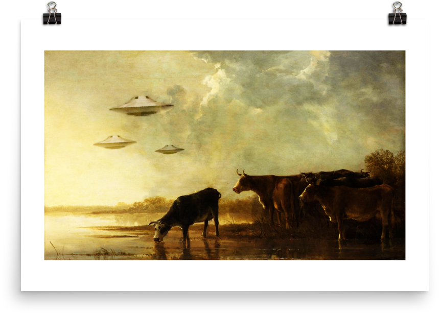 Saucers And Cattle - River Landscape With Cows (1000x1000), Png Download