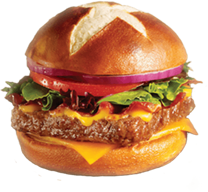 Pretzel Bun Burger (643x378), Png Download