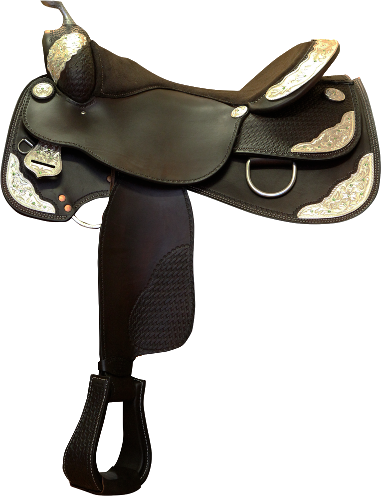 Western Show Saddle Black Silver - Black Horse Saddle Png (831x1102), Png Download