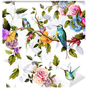 Humming Bird, Roses, Peony With Leaves On White - Happiness İst. Kadın Beyaz Kuş Baskılı Bluz (400x400), Png Download