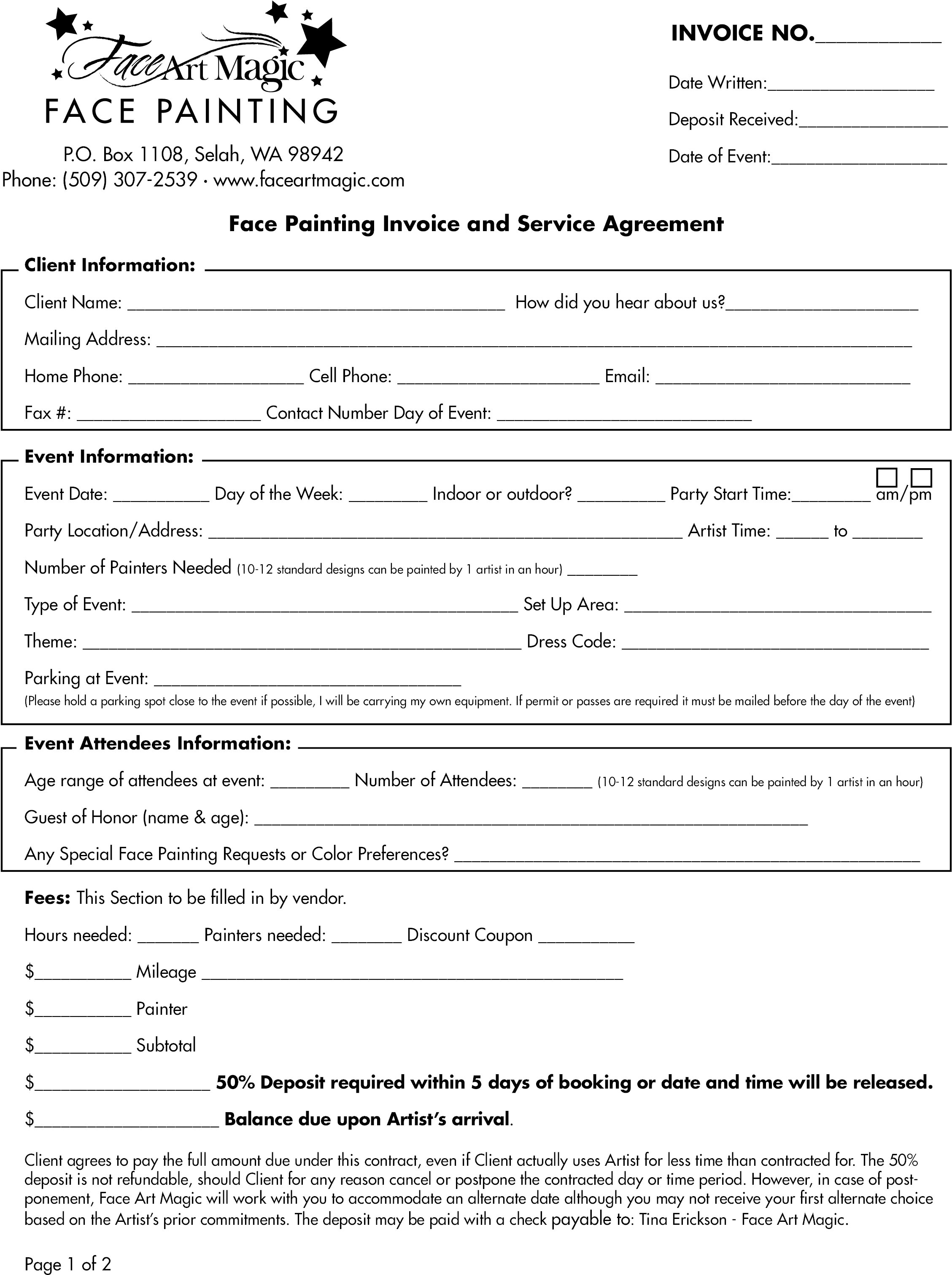 Face Painting Invoice And Service Agreement Main Image - Contract (2550x3300), Png Download