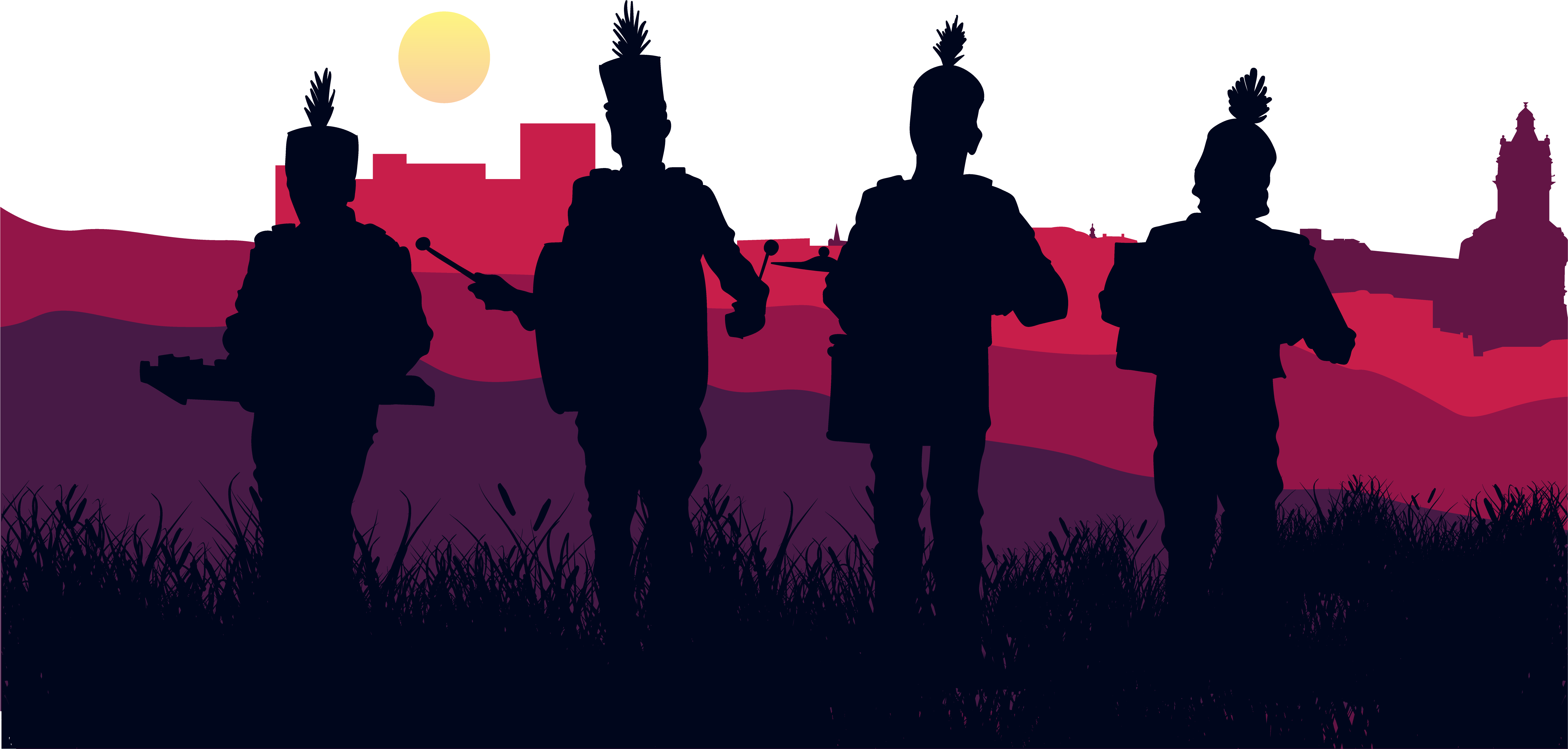 Image Royalty Free Stock Band Vector Music Crowd - Marching Band Silhouette Sunset (6023x2895), Png Download