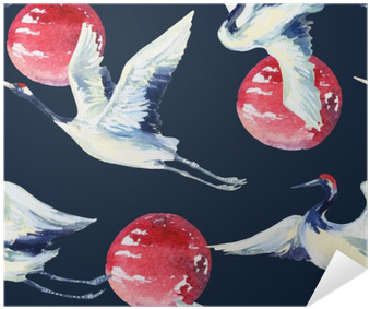 Watercolor Asian Crane Bird Seamless Pattern Poster - Watercolor Painting (400x400), Png Download