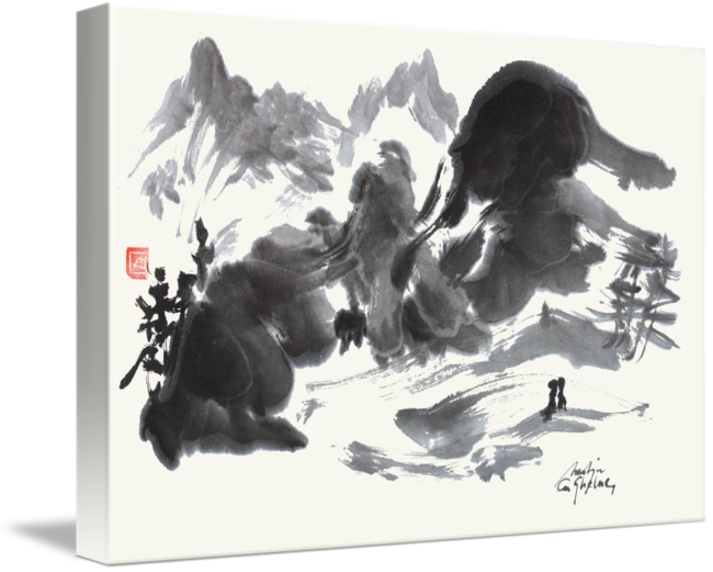 Mountain Landscape Brushed In Japanese Zen Style By - Japanese Landscape Painting (650x521), Png Download