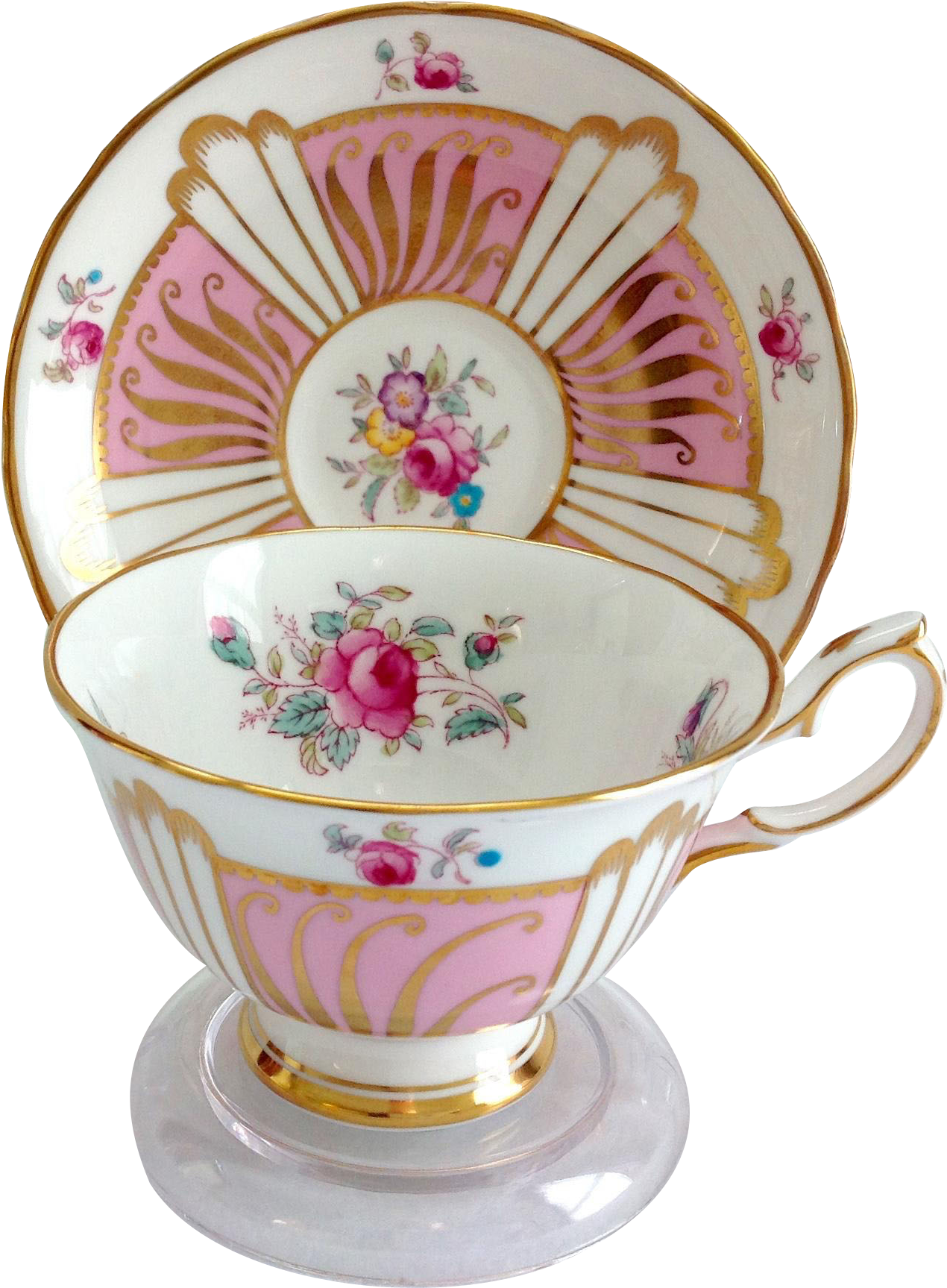 Royal Chelsea Bone China 523a Pink Panels Gold Swirls - Saucer (1726x1726), Png Download