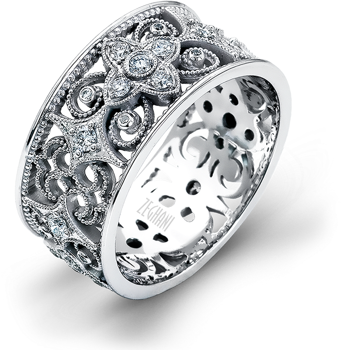 This Lovely 14k White Gold Scroll Pattern Band Is Adorned - Ring (800x800), Png Download