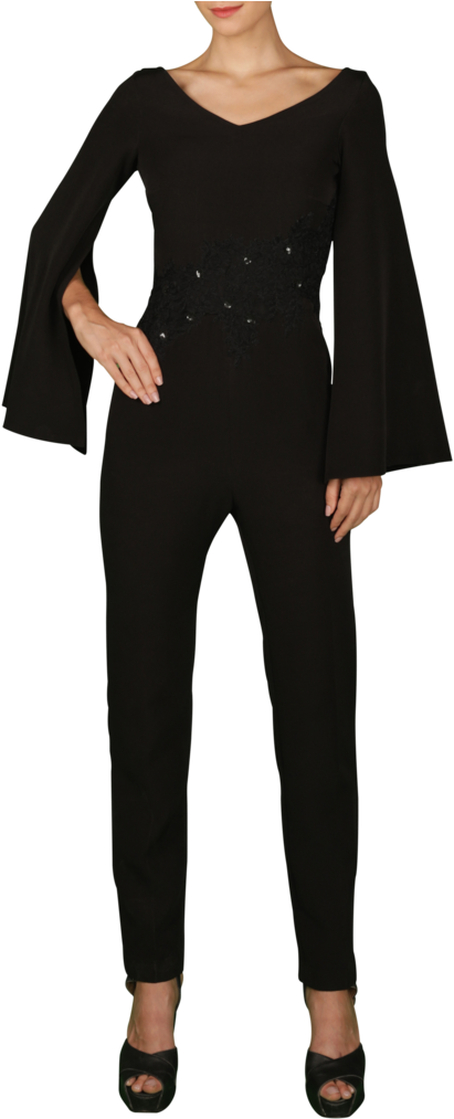 Black Cape Sleeves Jumpsuit - Cape (683x1024), Png Download