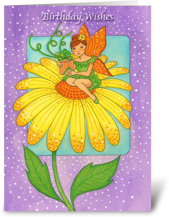 Yellow Flower Birthday Wishes Greeting Card - Geburtstags-feenhaftes Haltenes Geschenk Auf Karte (700x792), Png Download