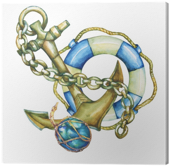 Composition With Lifebuoy And Anchor - Watercolor Painting (400x400), Png Download