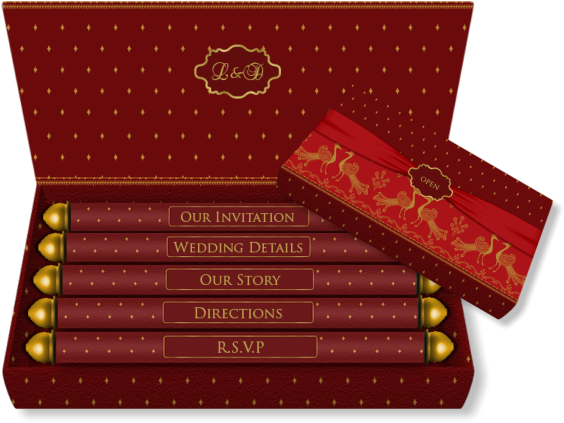 Luxury Indian Wedding Card With Mini Scroll Inserts - Wedding (610x487), Png Download