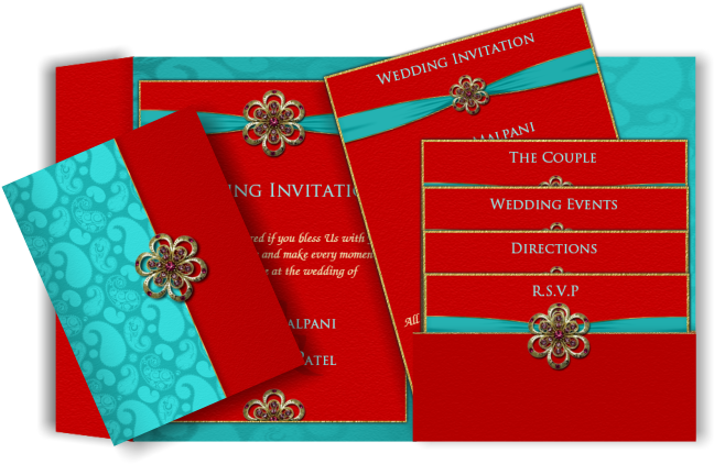 Modern Indian Email Wedding Invitation In Red & Turquoise - Red And Turquoise Blue Wedding Invitation Cards (670x447), Png Download