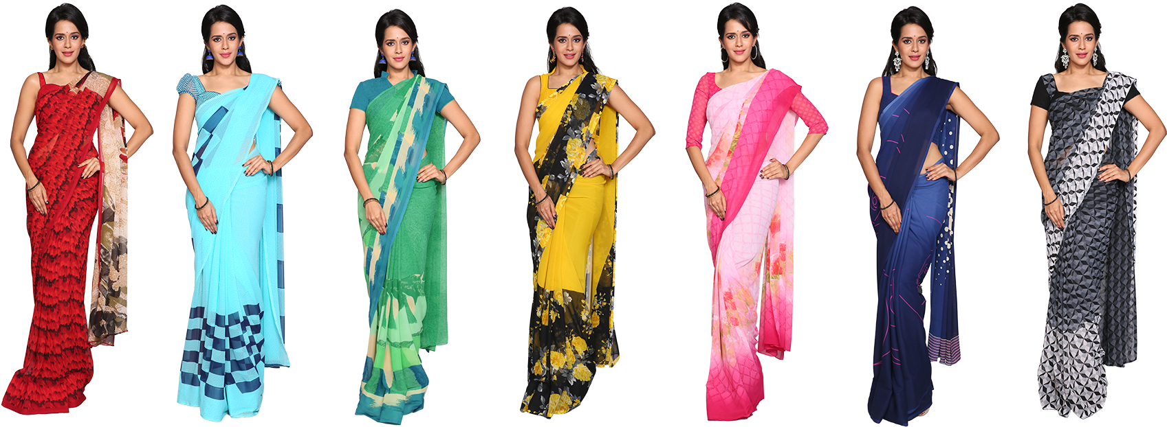 Sakshi 7 Georgette Saree Collections - 7 Sarees Collection (2500x658), Png Download