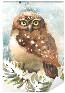 Watercolor Bird Winter Owl Nature Wildlife Hand Drawn - Watercolor Painting (400x400), Png Download