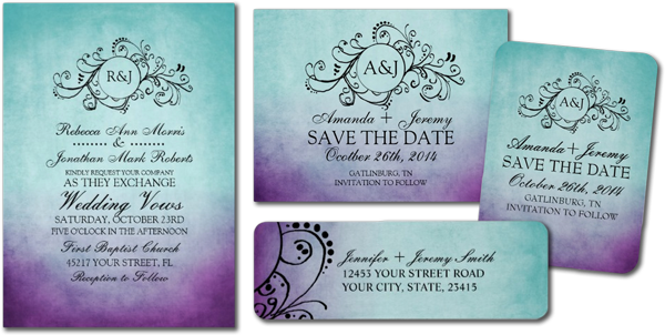 Rustic Teal Purple Bohemian Wedding Invitations By - Wedding Invitation Purple And Blue (600x302), Png Download