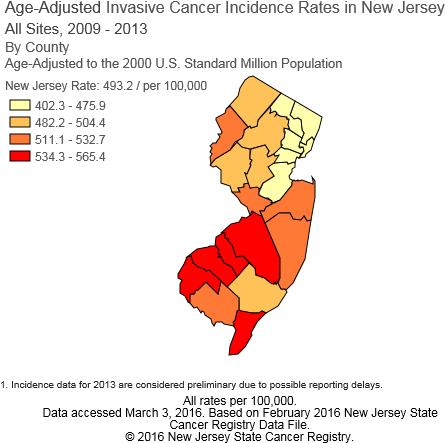 Cancer Map - Cancer Rates By County Map Nj (468x473), Png Download
