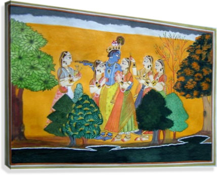 Krishna ,radha And Gopies Canvas Print - Painting (429x347), Png Download