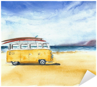 Beach Landscape Minivan Surfboards Yellow Bus Travel - Watercolor Painting (400x400), Png Download
