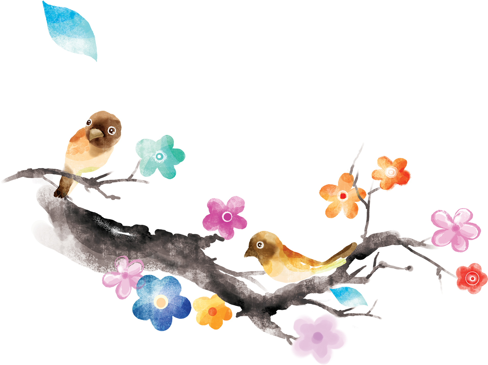 水墨花枝鸟 - Watercolor Painting (2056x1600), Png Download