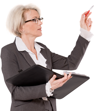 Woman Suit Pointing Right - Женщина В Костюме Пнг (336x385), Png Download