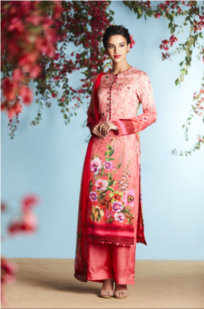 Pink Printed Satin Salwar With Dupatta - Semi Stitched (600x600), Png Download