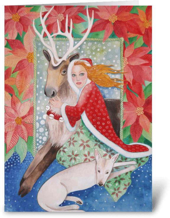 Poinsettias And Reindeer Christmas Greeting Card - Poinsettias And Reindeer Season's Greetings Card (700x792), Png Download